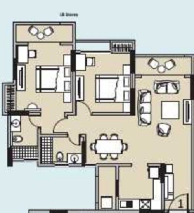 Floor plan of 2 BHK 1340 Sq. Ft. Apartment in Hubtown Redwood And Rosewood, Thane