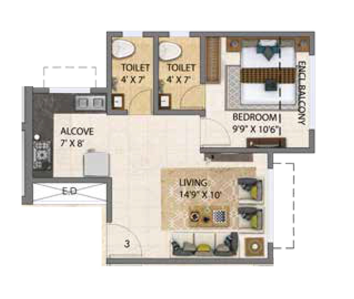 Floor plan of 1 BHK 392 Sq. Ft. Apartment in IBAD Rose Palace, Thane