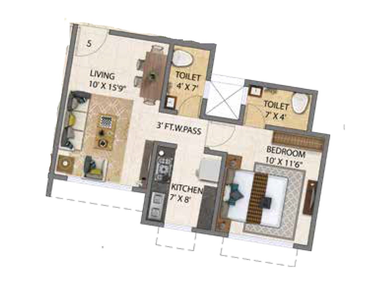 Floor plan of 1 BHK 432 Sq. Ft. Apartment in IBAD Rose Palace, Thane