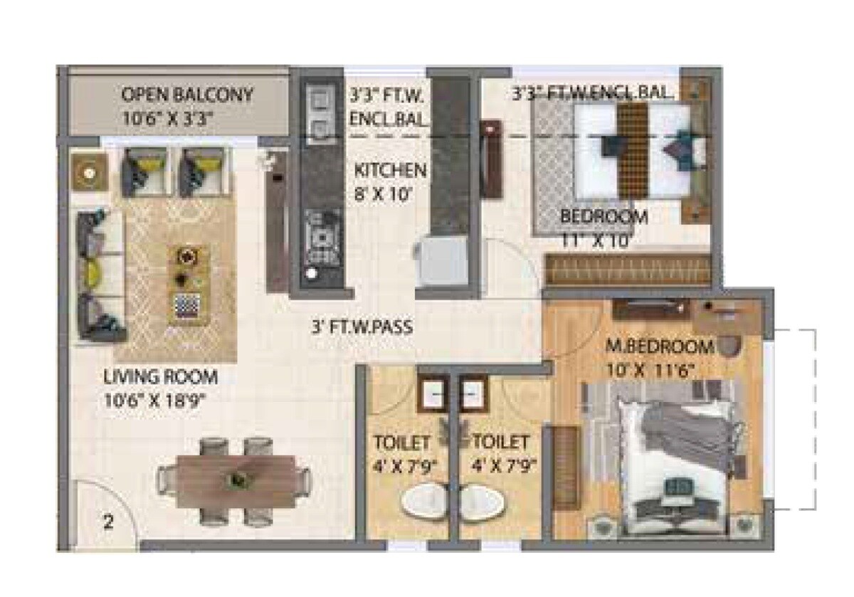 Floor plan of 2 BHK 666 Sq. Ft. Apartment in IBAD Rose Palace, Thane