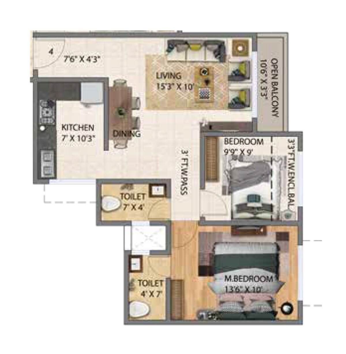 Floor plan of 2 BHK 706 Sq. Ft. Apartment in IBAD Rose Palace, Thane