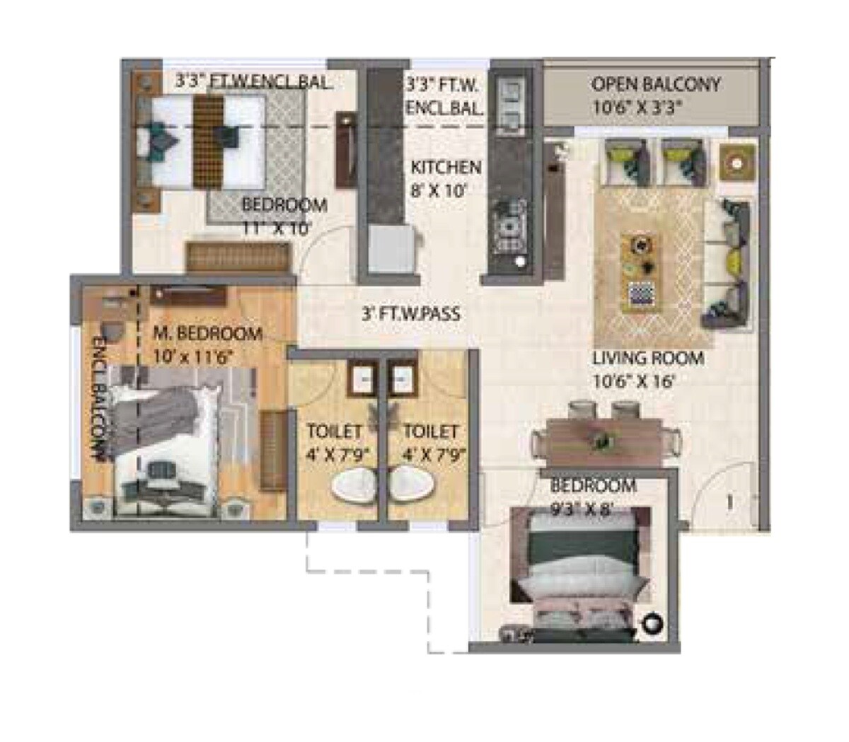 Floor plan of 3 BHK 764 Sq. Ft. Apartment in IBAD Rose Palace, Thane