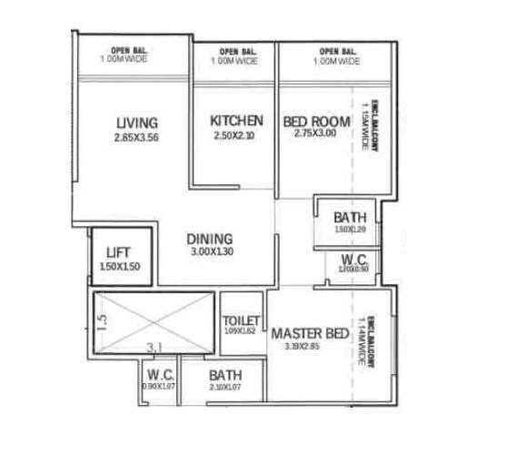 Floor plan of 2 BHK 570 Sq. Ft. Apartment in Impero Satyadeep CHS, Thane