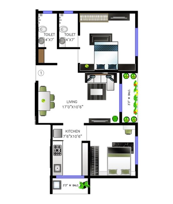 Floor plan of 2 BHK 691 Sq. Ft. Apartment in Impressions Meraki, Thane