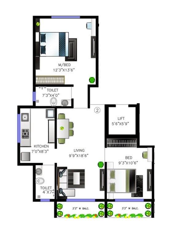 Floor plan of 2 BHK 670 Sq. Ft. Apartment in Impressions Meraki, Thane