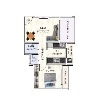 Floor plan of 1 BHK 331 Sq. Ft. Apartment in Impressions Silvia, Thane
