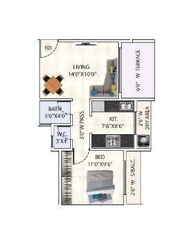 Floor plan of 1 BHK 341 Sq. Ft. Apartment in Impressions Silvia, Thane