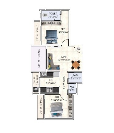 Floor plan of 2 BHK 409 Sq. Ft. Apartment in Impressions Silvia, Thane