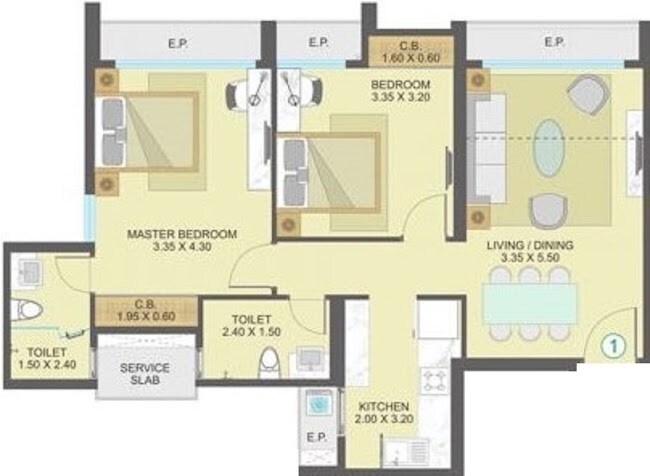 Floor plan of 2 BHK 968 Sq. Ft. Apartment in Indiabulls One Indiabulls, Thane