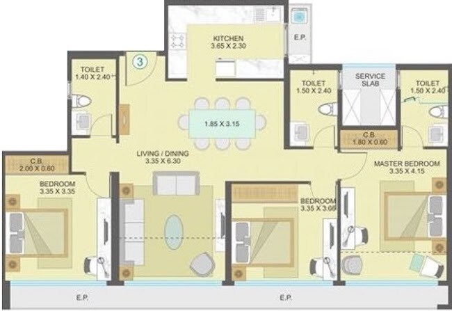 Floor plan of 3 BHK 1140 Sq. Ft. Apartment in Indiabulls One Indiabulls, Thane