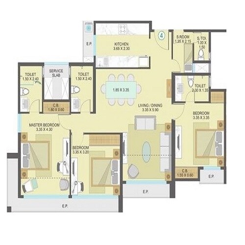 Floor plan of 3 BHK 1760 Sq. Ft. Apartment in Indiabulls One Indiabulls, Thane