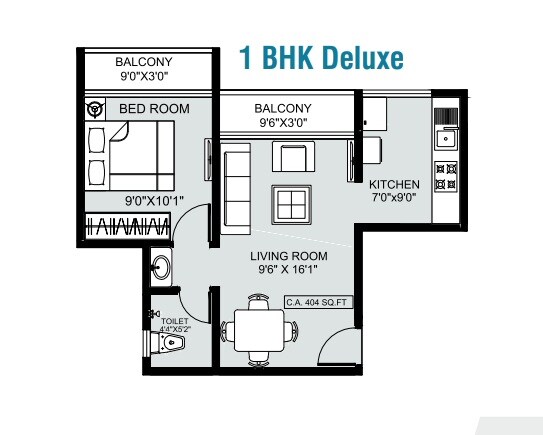 Floor plan of 1 BHK 340 Sq. Ft. Apartment in IRASA Greens, Thane
