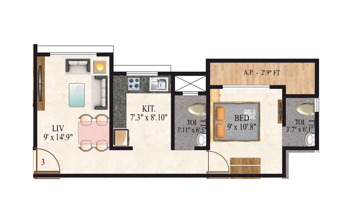 Floor plan of 1 BHK 384 Sq. Ft. Apartment in Ishwar Gajanan, Thane
