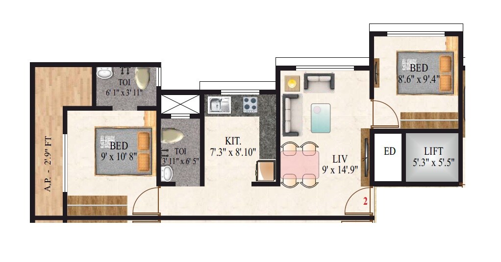 Floor plan of 2 BHK 470 Sq. Ft. Apartment in Ishwar Gajanan, Thane