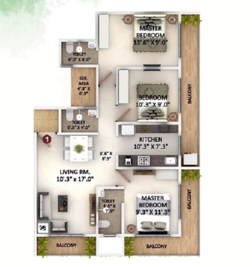 Floor plan of 3 BHK 732 Sq. Ft. Apartment in Ishwar Precious Galaxy, Thane