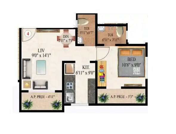 Floor plan of 1 BHK 216 Sq. Ft. Apartment in Ishwar Saraswati Palace, Thane