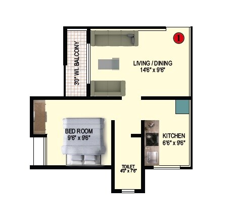 Floor plan of 1 BHK 390 Sq. Ft. Apartment in Ittehad SK Heights, Thane