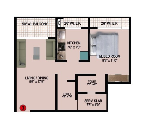 Floor plan of 1 BHK 450 Sq. Ft. Apartment in Ittehad SK Heights, Thane