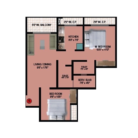 Floor plan of 2 BHK 610 Sq. Ft. Apartment in Ittehad SK Heights, Thane