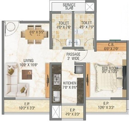 Floor plan of 1 BHK 502 Sq. Ft. Apartment in Ittehad SK Valley, Thane