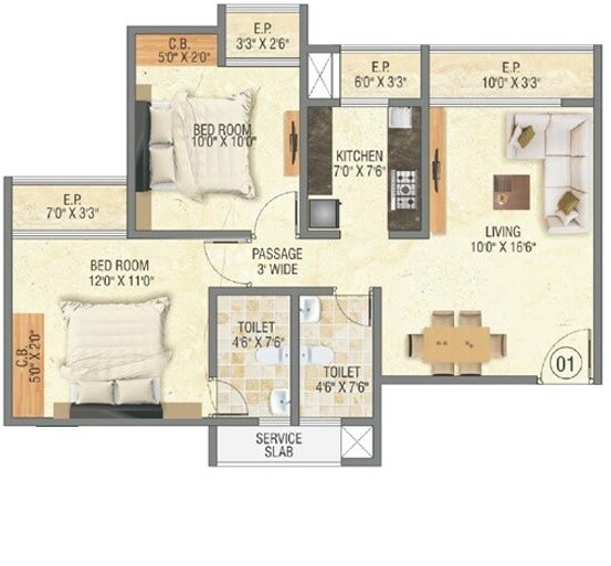 Floor plan of 2 BHK 616 Sq. Ft. Apartment in Ittehad SK Valley, Thane