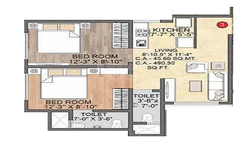 Floor plan of 2 BHK 491 Sq. Ft. Apartment in Jagani Flower Valley, Thane