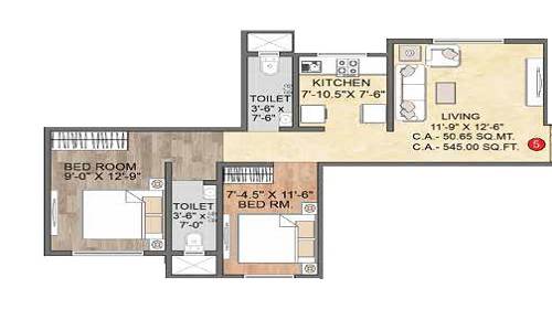 Floor plan of 2 BHK 545 Sq. Ft. Apartment in Jagani Flower Valley, Thane