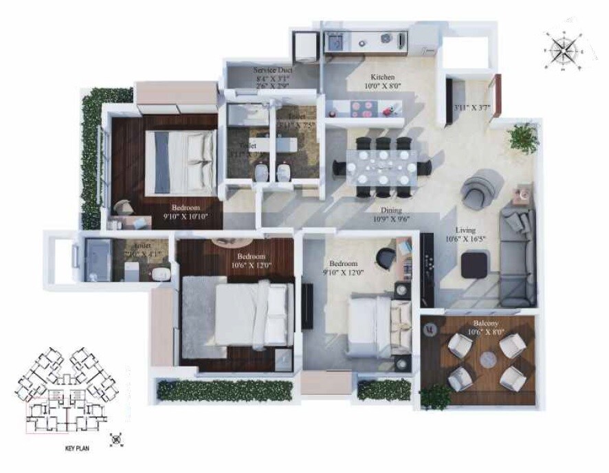 Floor plan of 3 BHK 893 Sq. Ft. Apartment in Jagdale Amizra, Thane