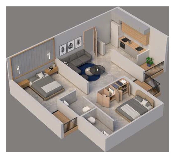 Floor plan of 2 BHK 590 Sq. Ft. Apartment in Jai Ganesh Kalash Darshan, Thane