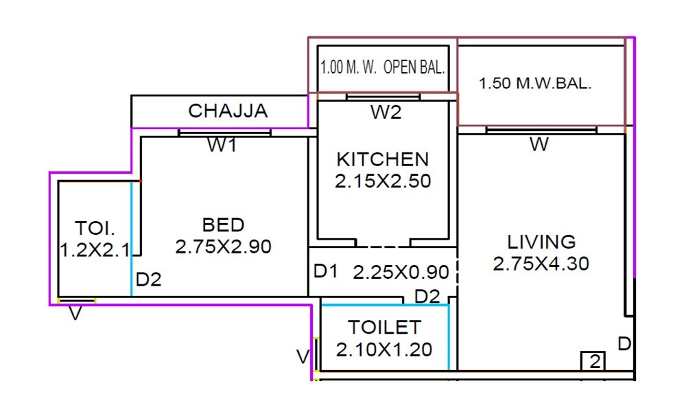 Floor plan of 1 BHK Apartment - 369 sq. ft. in Jai Malhar Residency, Thane