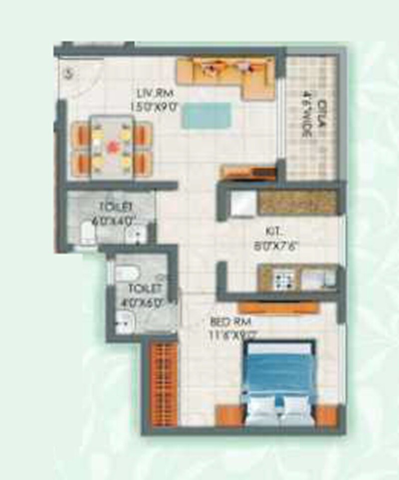 Floor plan of 1 BHK 491 Sq. Ft. Apartment in Jai Malhar Shree Anandi Imperial, Thane