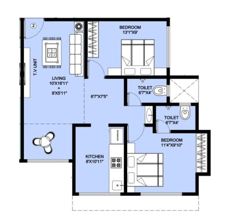 Floor plan of 2 BHK 577 Sq. Ft. Apartment in Jai Shree Ganesh CHS, Thane