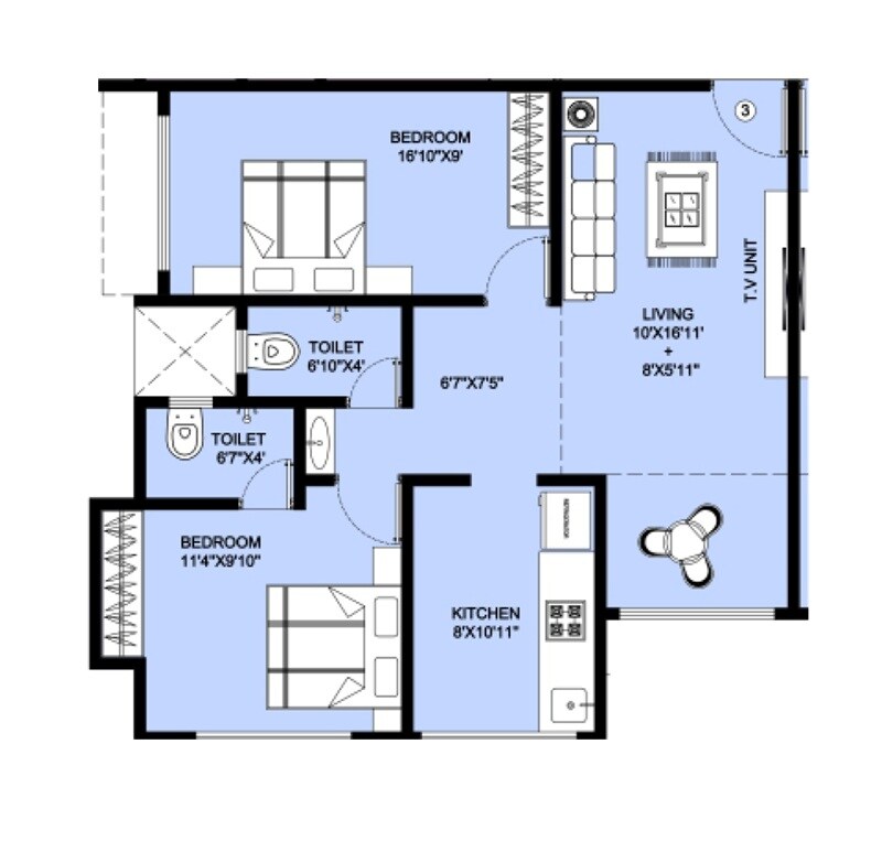 Floor plan of 2 BHK 705 Sq. Ft. Apartment in Jai Shree Ganesh CHS, Thane