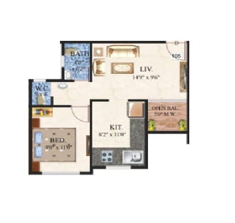 Floor plan of 1 BHK 428 Sq. Ft. Apartment in Jaideep Kalpataru CHSL, Thane