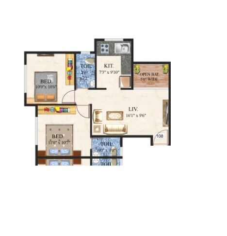 Floor plan of 2 BHK 560 Sq. Ft. Apartment in Jaideep Kalpataru CHSL, Thane