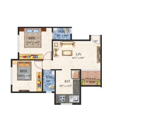 Floor plan of 2 BHK 574 Sq. Ft. Apartment in Jaideep Kalpataru CHSL, Thane