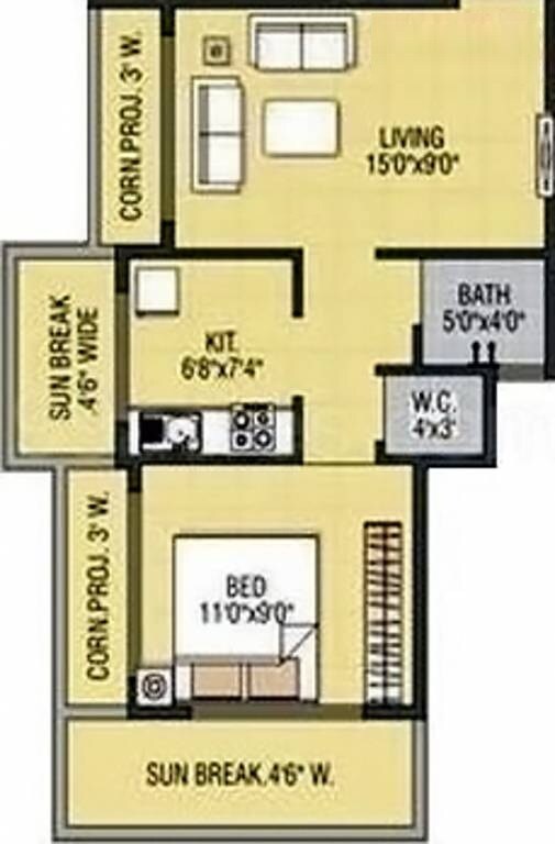 Floor plan of 1 BHK 343 Sq. Ft. Apartment in Jaideep Vishnu Heights, Thane