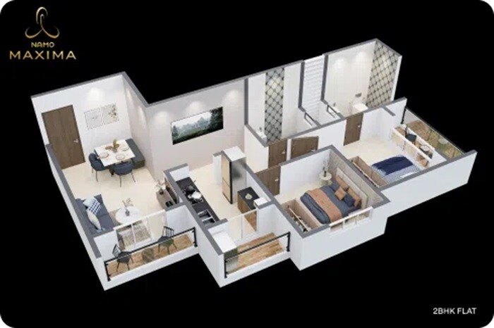 Floor plan of 2 BHK 606 Sq. Ft. Apartment in Jain Namo Maxima, Thane