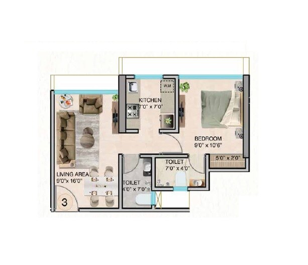Floor plan of 1 BHK 406 Sq. Ft. Apartment in Jak Namaha, Thane