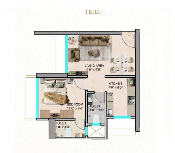 Floor plan of 1 BHK 412 Sq. Ft. Apartment in Jak Namaha, Thane