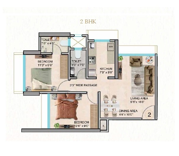 Floor plan of 2 BHK 593 Sq. Ft. Apartment in Jak Namaha, Thane