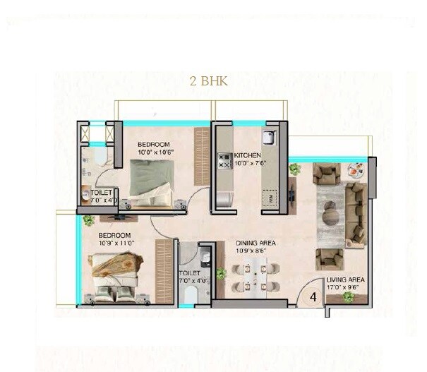 Floor plan of 2 BHK 663 Sq. Ft. Apartment in Jak Namaha, Thane