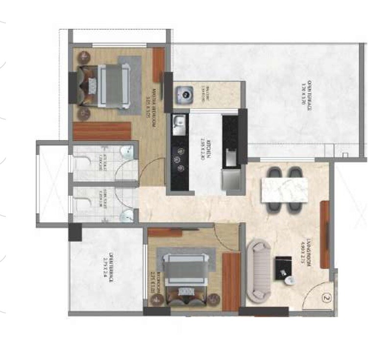 Floor plan of 2 BHK 559 Sq. Ft. Apartment in Jalaram Shree Uma Heights, Thane