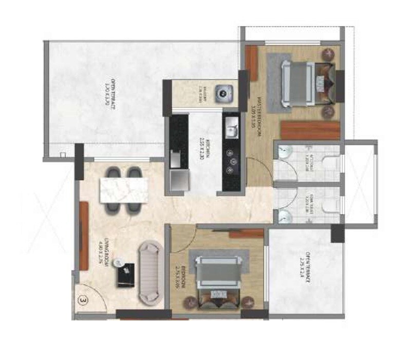 Floor plan of 2 BHK 595 Sq. Ft. Apartment in Jalaram Shree Uma Heights, Thane