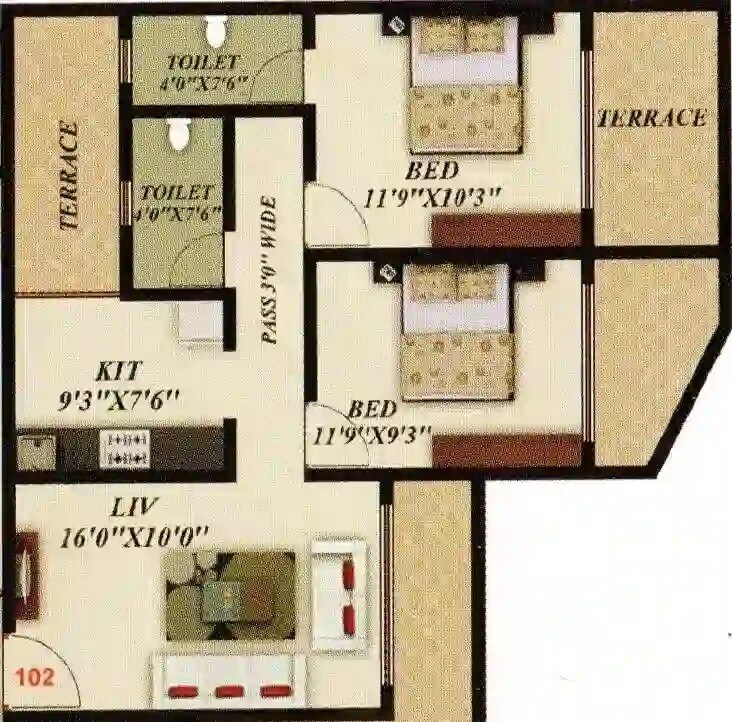 Floor plan of 2 BHK 550 Sq. Ft. Apartment in Jamnabai Apartment, Thane