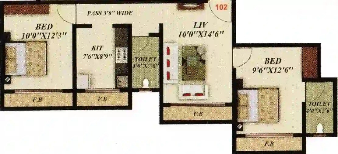 Floor plan of 2 BHK 643 Sq. Ft. Apartment in Jamnabai Apartment, Thane