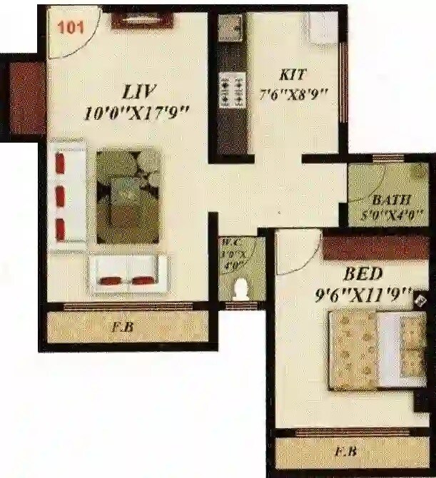 Floor plan of 1 BHK 423 Sq. Ft. Apartment in Jamunabai Tower, Thane