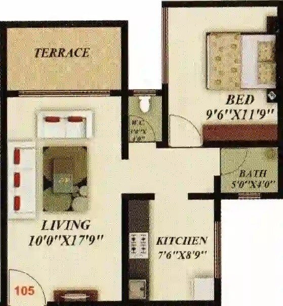 Floor plan of 1 BHK 428 Sq. Ft. Apartment in Jamunabai Towers, Thane