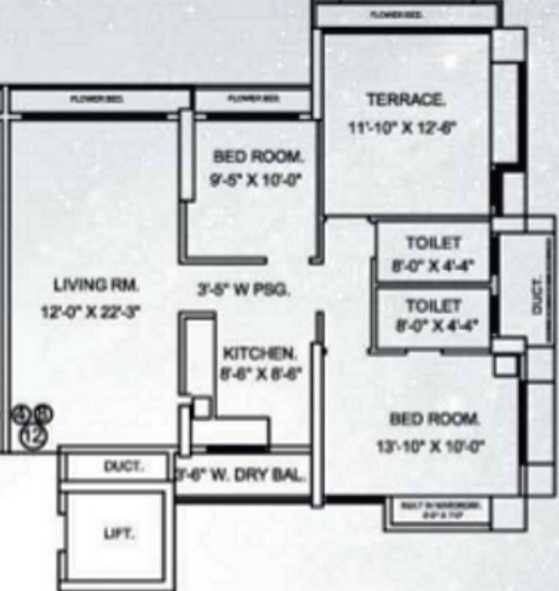 Floor plan of 2 BHK 1260 Sq. Ft. Apartment in Jangid Aster Ambrosia, Thane