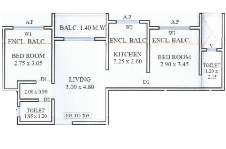 Floor plan of 2 BHK 471 Sq. Ft. Apartment in Janki Jankrishna Heights, Thane